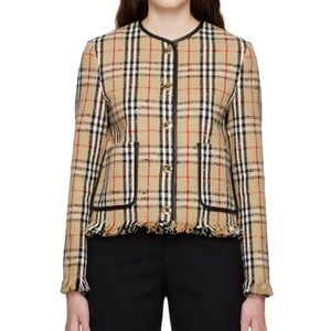 NWOT Burberry Beige Vintage Check Plaid Collarless Jacket Blazer in Tan Plaid